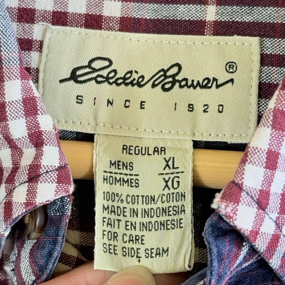 Eddie Bauer Mens XL Shirt Maroon Navy Plaid Long‎ Sleeve Button Front Cabincore - Picture 6 of 7